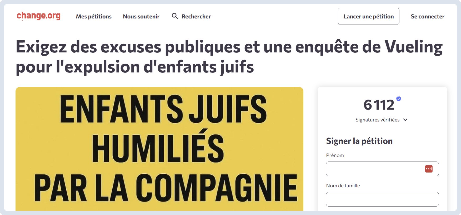 Capture d’écran d’une pétition sur change.org dénonçant l’expulsion d’enfants juifs par la compagnie Vueling.