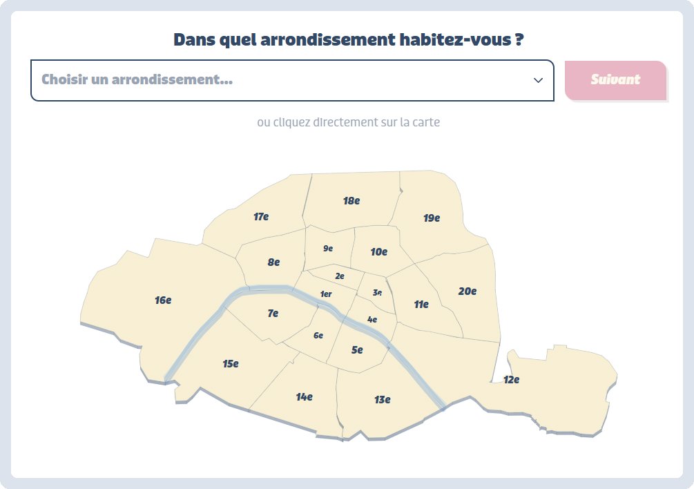 Interface de sélection d'un arrondissement de Paris avec une liste déroulante et une carte interactive des arrondissements parisiens.