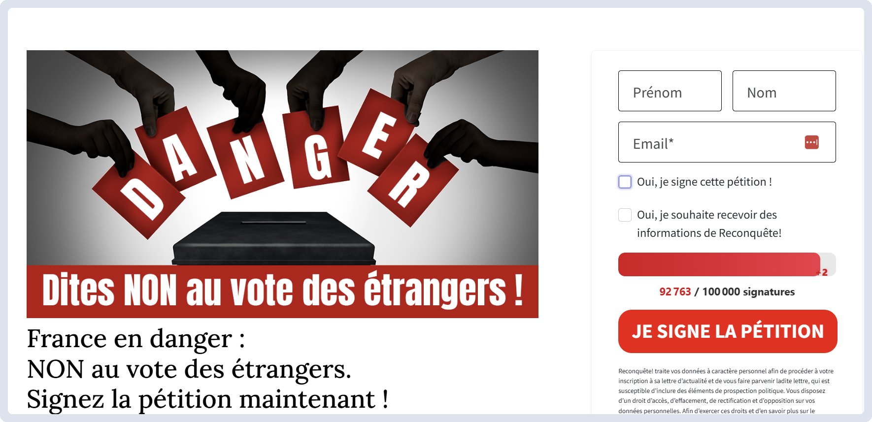 Image illustrant une pétition intitulée 'Dites NON au vote des étrangers', avec des mains tenant des cartons formant le mot 'DANGER' au-dessus d'une urne de vote.